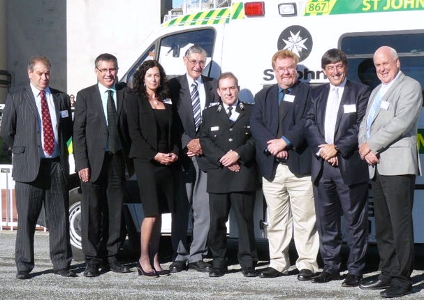 Racing Board officials including NZ Racing Board chairman Michael Stiannsy (second from right) and HRNZ Chief Executive Edward Rennell (far left) after gifting the new ambulance to the Canterbury region at Addington on Saturday, May 8. Ambulance_presentation
