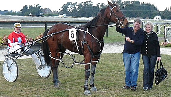 Co-owners, Max and Frances Bowden, join Princeton and Mark Jones, after winning the Sefton Mobile Pace at Rangiora. Birdcage_Princeton