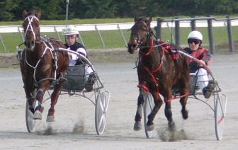 Lively Eastburn (left) challenges Woodlea Legend early in the run home in their Rangiora qualifier. Woodlea Legend held for trainer Tom Twidle in 2:32.3 for the mobile 2000m. L_Eastburn_qualifier