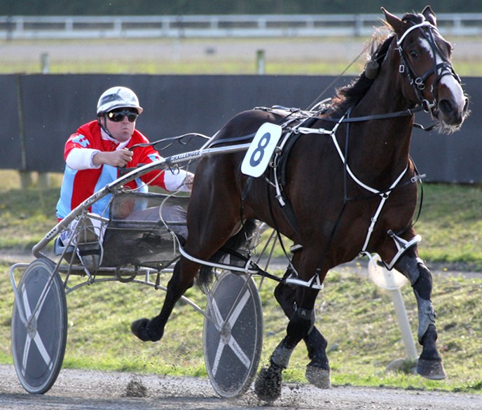 Sarkozy is clear of a chasing pack in the run home at Rangiora on Sunday, May 8 (Race Images photo). sarkozy_action