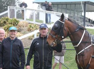 Winning owners, Kerry Dellaca and Maurice McDermott, with their first-up winning mare, Perissa, at Methven. (Race Images photo).